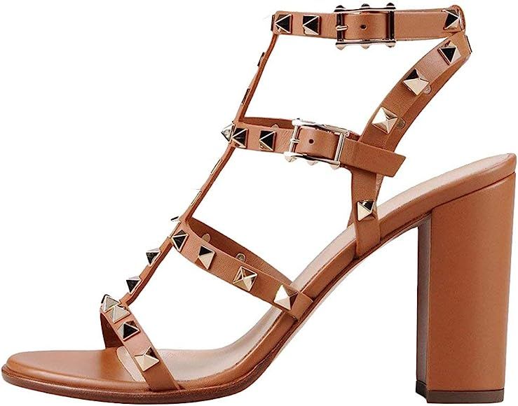 Leather Sandals for Women,Rivets Studded Strappy Block Heels Slingback Gladiator Shoes Cut Out Dr... | Amazon (US)