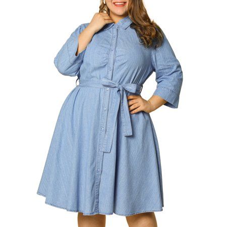 Women Plus Size Half Sleeves Belted Above Knee Denim Shirt Dress 3X Light Blue | Walmart (US)