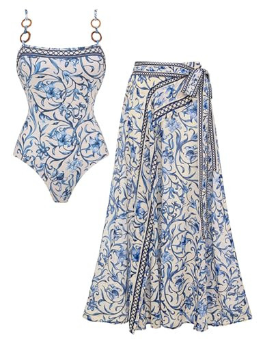 FLAXMAKER Women's One Piece Sling Classic Majolica Adjustable Bathing Suits Back Lace up Swimsuit with Skirt/Shorts(Blue Skirt,M) | Amazon (US)