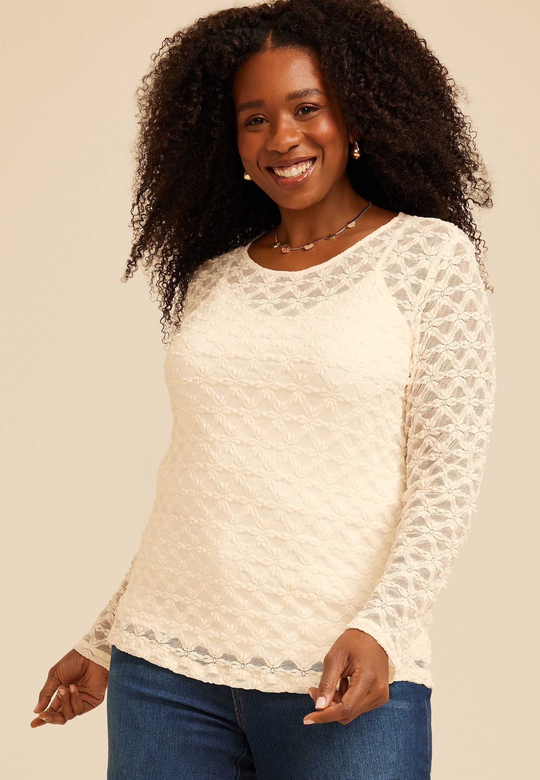Plus Size Sheer Floral Lace Long Sleeve Top | maurices | Maurices