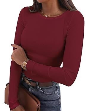 Ribbed Womens Long Sleeve Shirts Slim Fit Stretch Crewneck Basic Casual Tunic Tops | Amazon (US)
