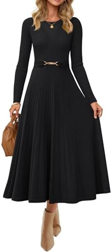 ZESICA Women's Long Sleeve Midi Sweater Dress 2026 Fall Crewneck Knit A Line Pleated Flowy Long D... | Amazon (US)