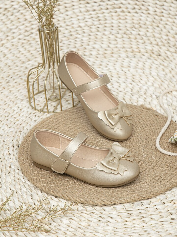 Girls Metallic Bow Decor Hook-and-loop Fastener Flats, Glamorous Party Mary Jane Flats | SHEIN