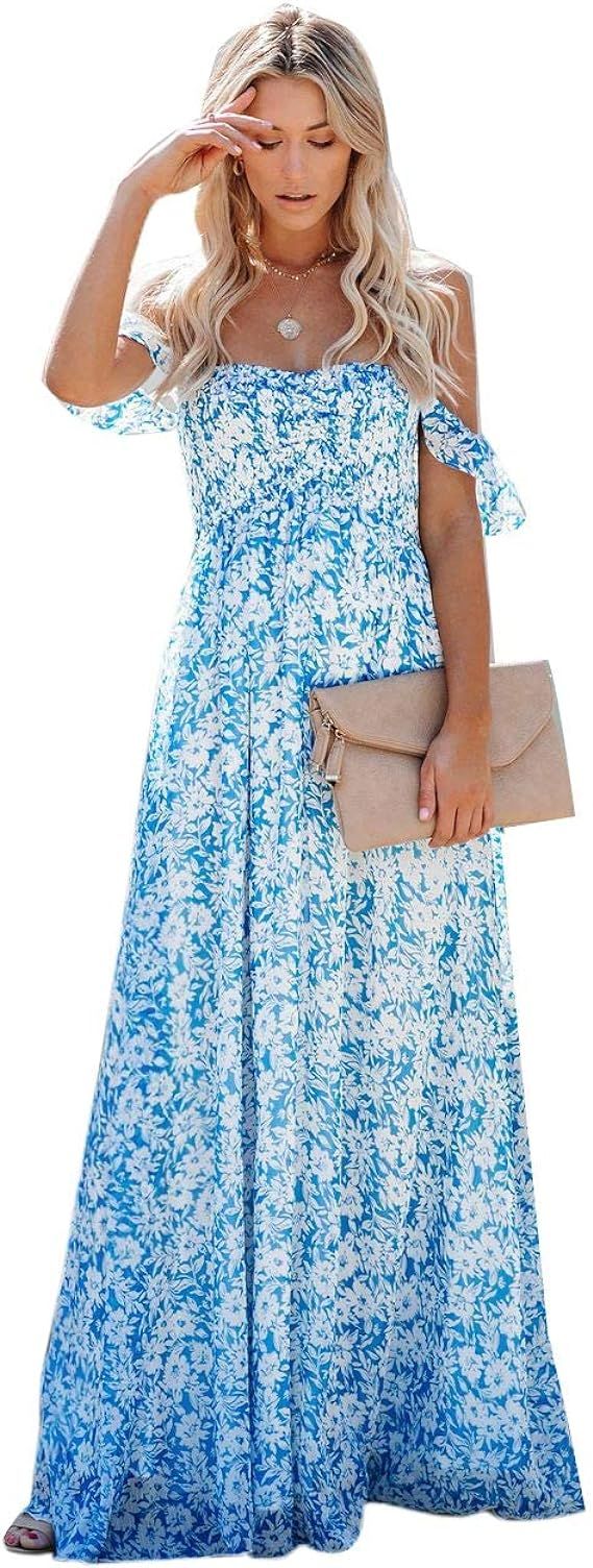 MERMAID'S CLOSET Womens Casual Off Shoulder Maxi Dress White Lace Sleeve Beach Dresses | Amazon (US)