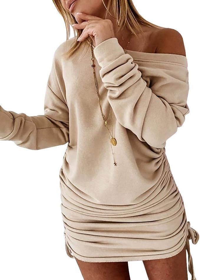 Esobo Women's Fleece Long Sweatshirt Dress Off Shoulder Pullover Casual Long Sleeve Bodycon Mini ... | Amazon (US)