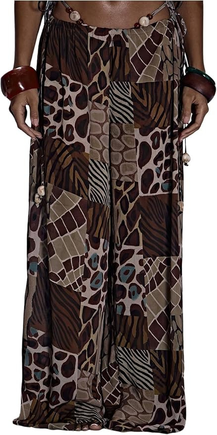 WDIRARA Women's Boho Print Elastic Waist Wide Leg Pants Low Rise Tie Side Pants Vacation Festival | Amazon (US)