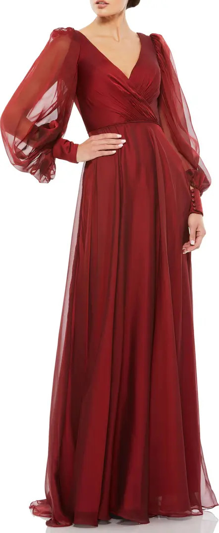 Mac Duggal Sheer Blouson Sleeve Surplice Gown | Nordstrom | Nordstrom