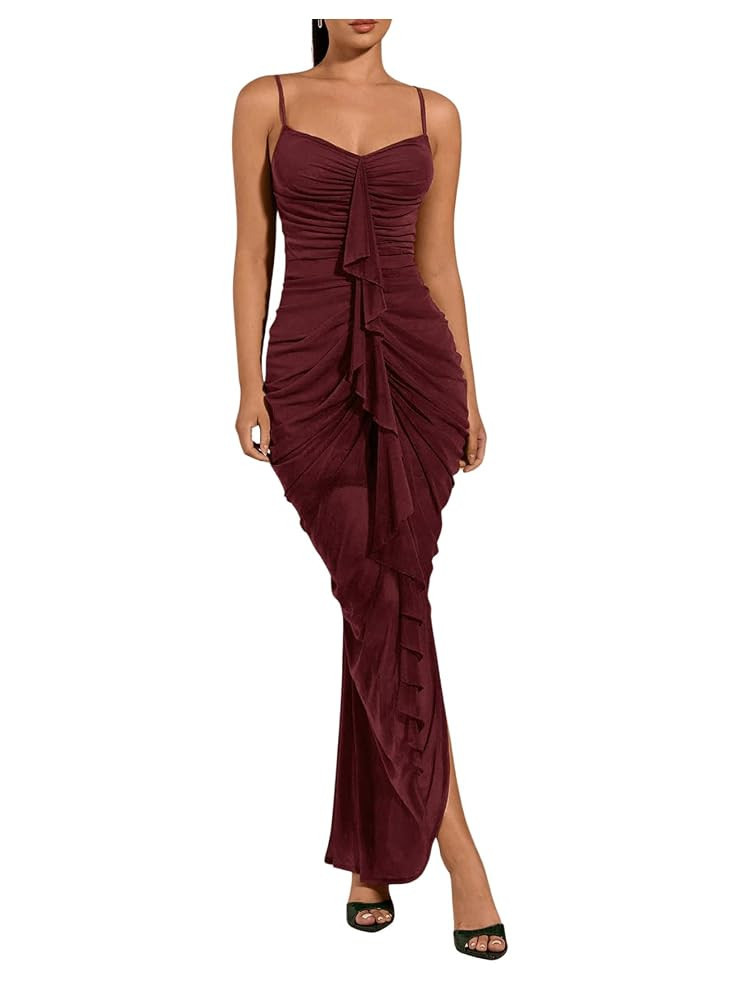 Floerns Women's Ruffle Ruched Cami Dress Draped Split Elegant Bodycon Maxi Dresses | Amazon (US)