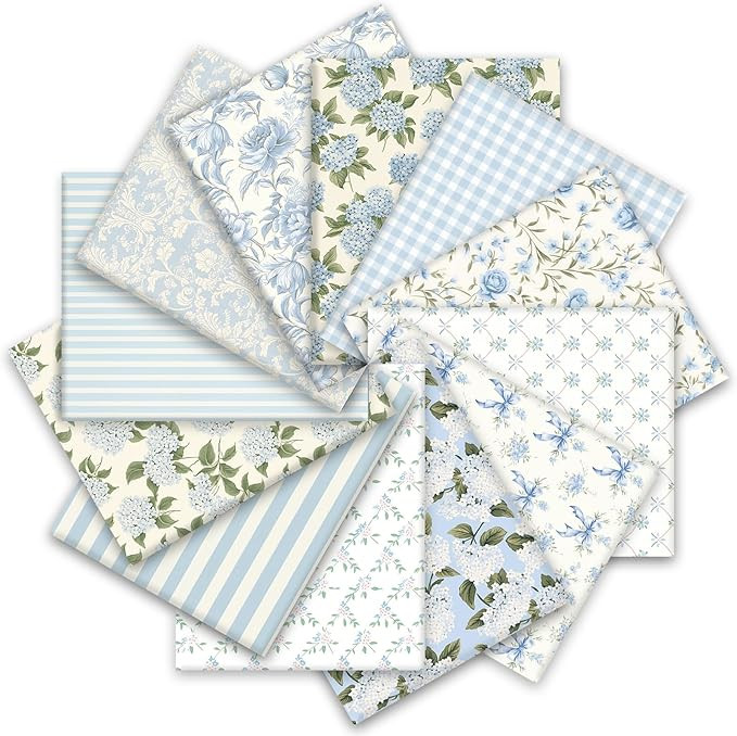 JarThenaAMCS 12 Pcs Hydrangea Cotton Fabric Bundles 10 x 10 Inch Watercolor Dusty Blue Floral Fab... | Amazon (US)