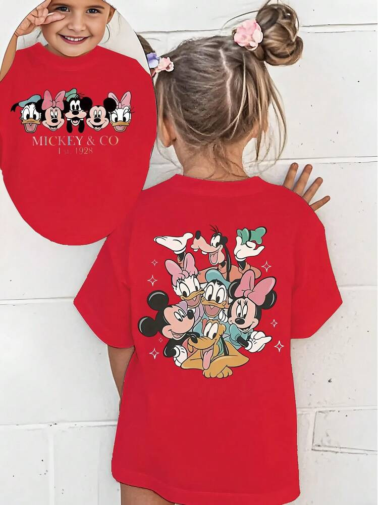 Disney [Authorized] Mickey And Friends Print Disney Girl's Summer Round Neck Casual T-Shirt, Slig... | SHEIN