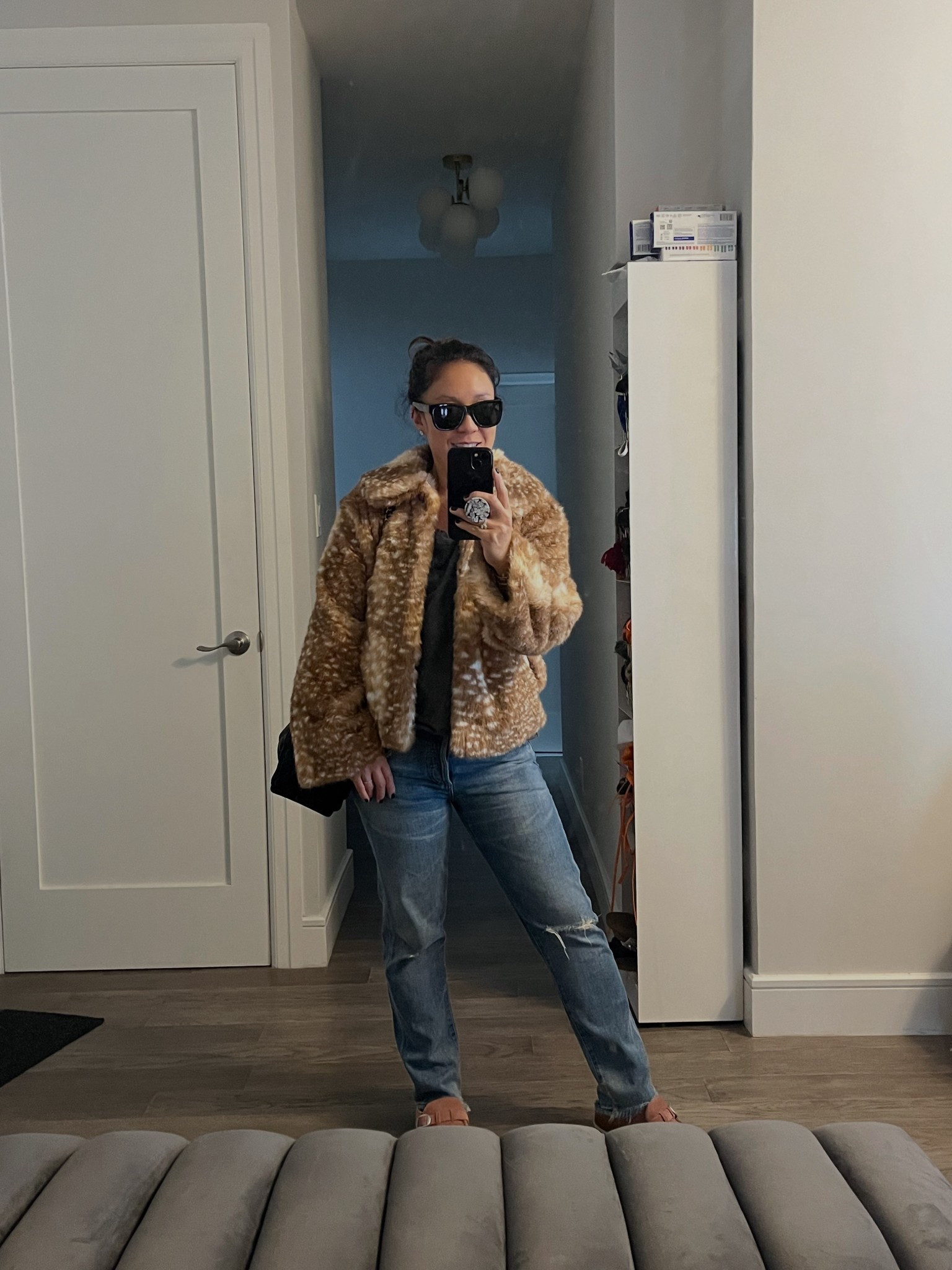 Faux fur jacket. The print makes this a little more interesting. This one is too “brown” for me, but would look fabulous on you. The faux fur feels amazing and plush. I’m wearing an xs. TTS. Jeans are a 26. Shoes are a 37 and shesrling lined (extra cozy and on sale!)

#LTKFindsUnder100 #LTKFindsUnder50 #LTKStyleTip