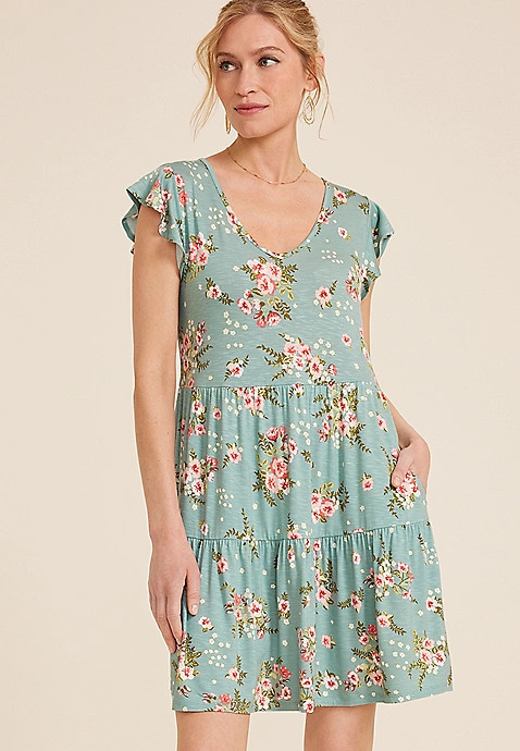 24/7 Flutter Sleeve Floral Babydoll Dress | Maurices