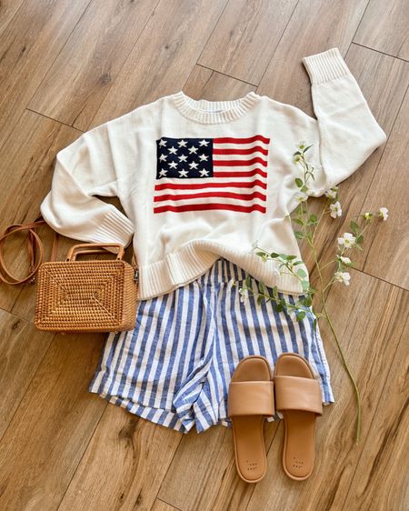 American flag sweater. Memorial day outfit. Fourth of July outfits. Fourth of July sweater. USA flag sweater. Boxer shorts. Summer outfit.

#LTKSeasonal #LTKParties #LTKSaleAlert