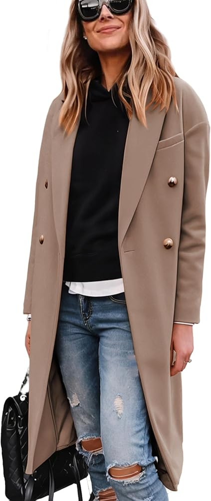 Hooever Women's Winter Double Breasted Wool Coat Drop Shoulder Long Sleeve Notch Lapel Long Trenc... | Amazon (US)