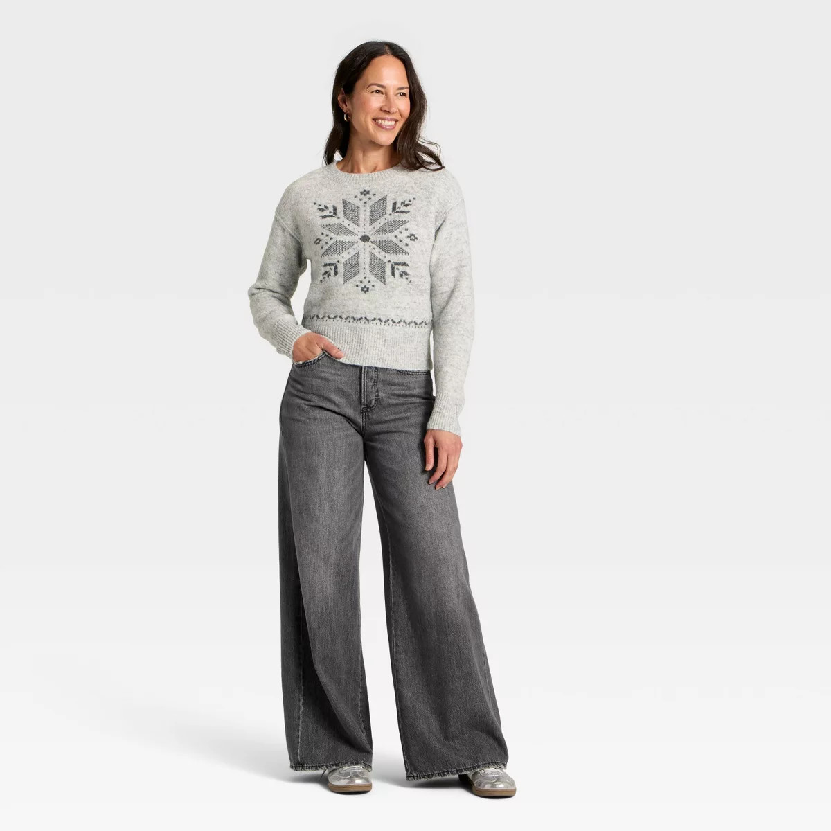 Women's Holiday Crewneck Pullover Sweater - Universal Thread™ Gray Snowflakes L | Target