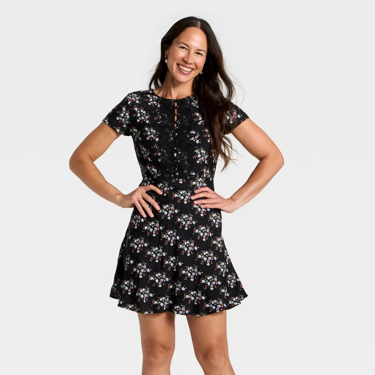 Women's Short Sleeve Mini A-Line Dress - Universal Thread™ Black Floral XS | Target