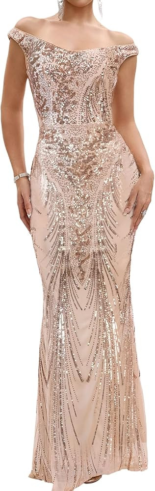 Women's Elegant V Neck Prom Dress Sequin Sleeveless Long Evening Party Dress | Amazon (US)