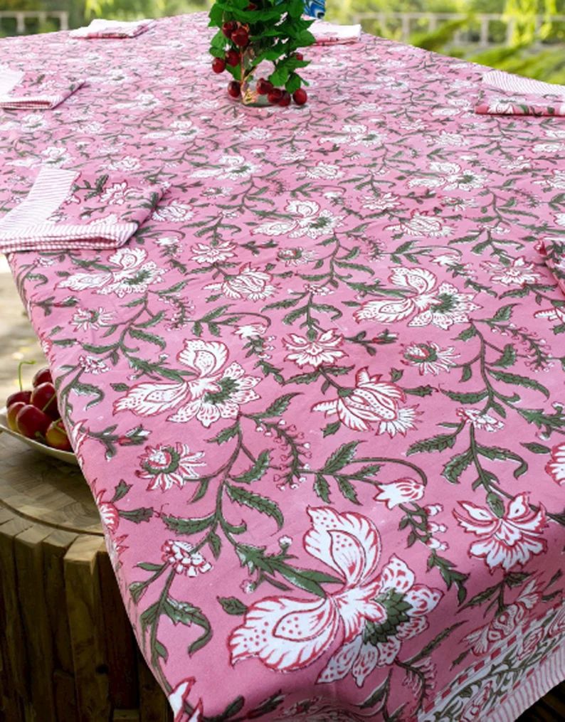 Indian Pink Block Print tablecloth Pink Floral Cotton Table | Etsy | Etsy (US)