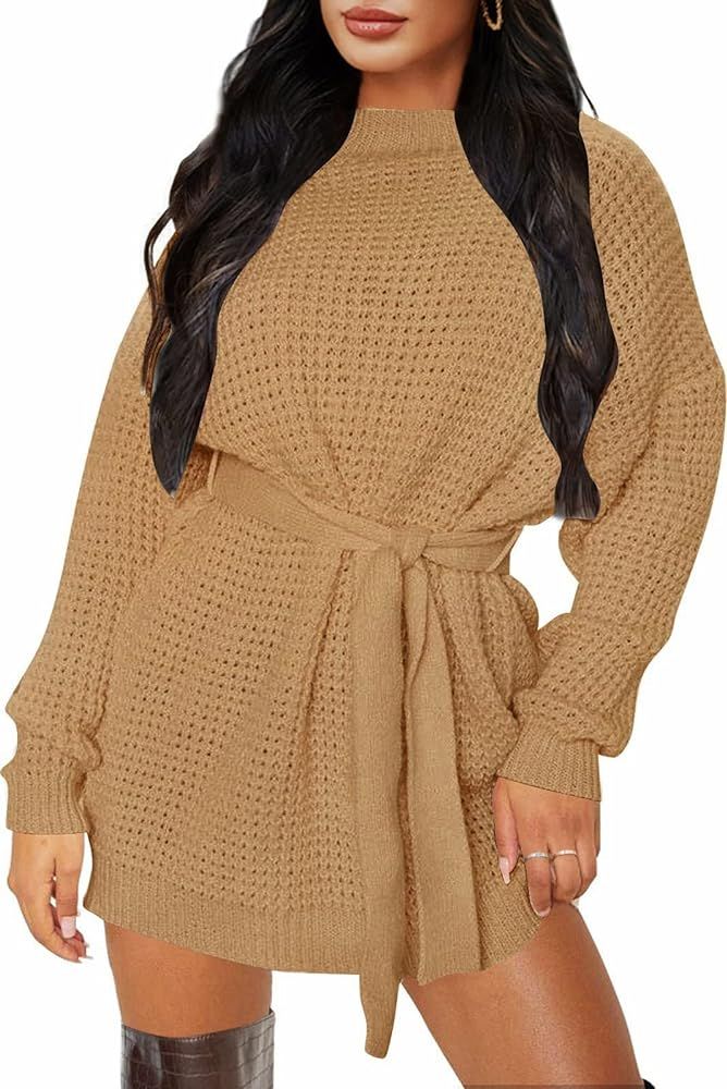 Women's 2023 Fall Long Sleeve Solid Color Waffle Knitted Tie Wasit Tunic Pullover Sweater Dress | Amazon (US)