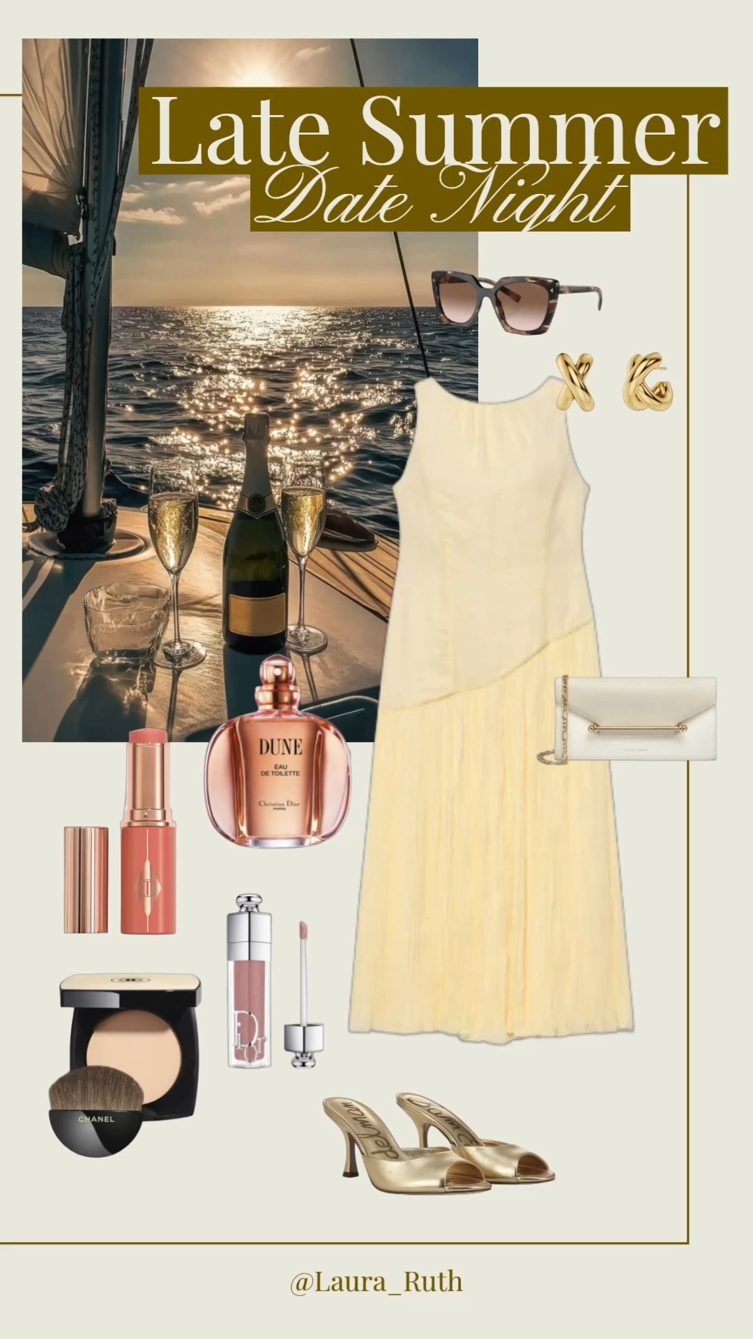 Late Summer date night, but make it effortless. ✨ Whether you're sipping champagne on a yacht, sharing a beautiful cheese board, or soaking up golden hour on the water, a stunning yellow dress is the perfect statement piece for an unforgettable evening. Pair it with a chic clutch, timeless accessories, and a spritz of Dior Dune for an effortlessly elegant look you'll reach for all season long. 🥂💛⚓️ 

 #LTKuk #LTKsummer #LTKdatenight