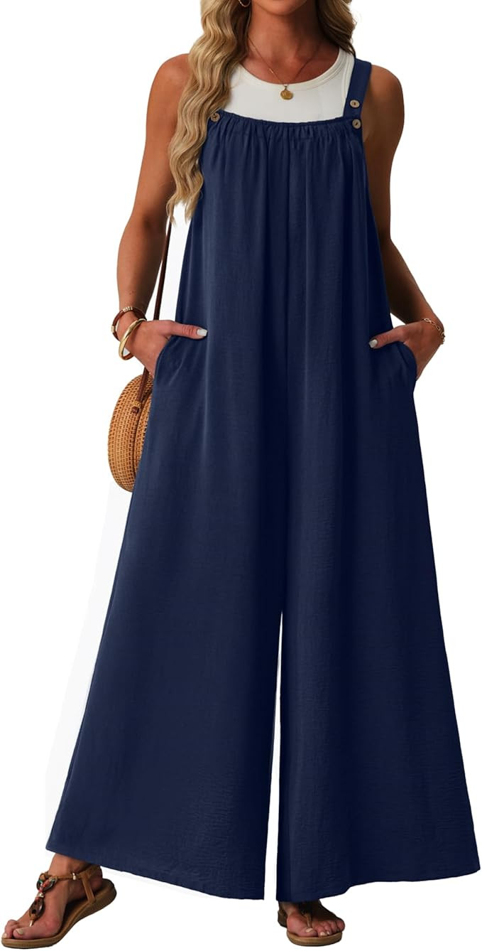 Womens Casual Jumpsuits Summer Boho Wide Leg Rompers Sleeveless Overalls Pleated Jumpers with Poc... | Amazon (US)