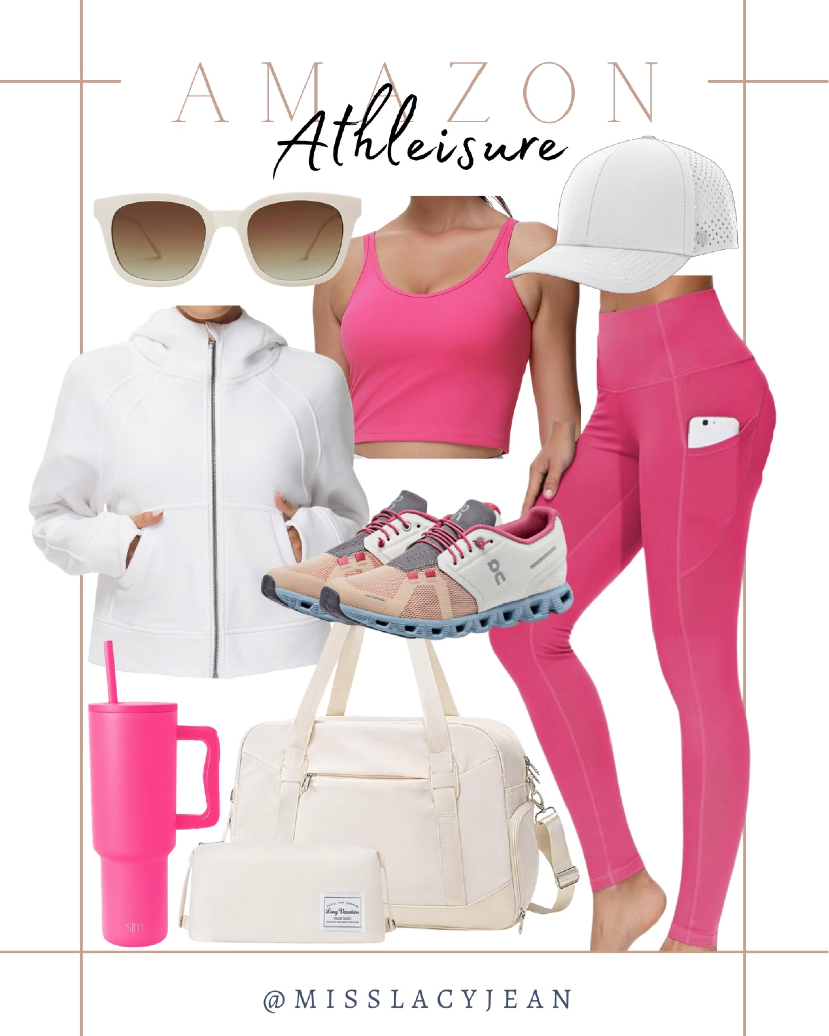 Amazon athleisure includes pink leggings, zip up jacket, on cloud sneakers, duffel bag, tumbler, white baseball hat, cropped tank, sunglasses.

Athleisure, casual outfit, Amazon finds, looks for less, exercise outfit

#LTKFindsUnder50 #LTKFitness #LTKShoeCrush
