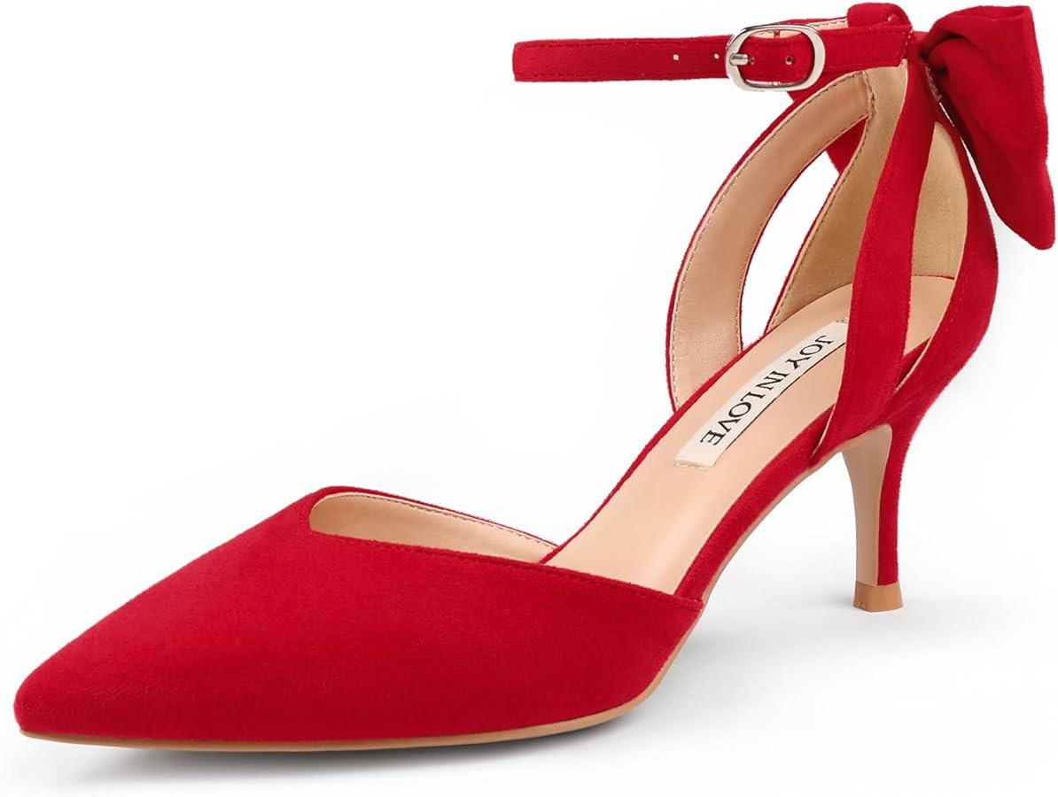JOY IN LOVE Women's Pumps Kitten Bow Heels Closed Pointed Toe Sandals Ankle Strap Dress Shoes | Amazon (US)