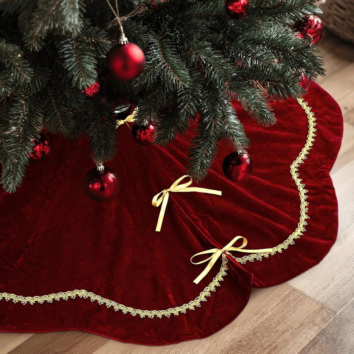 48 Inch Red Velvet Fur Scallop Christmas Tree Skirt, Sparkling Gold Lace Trim Rustic Xmas Tree Sk... | Wayfair North America