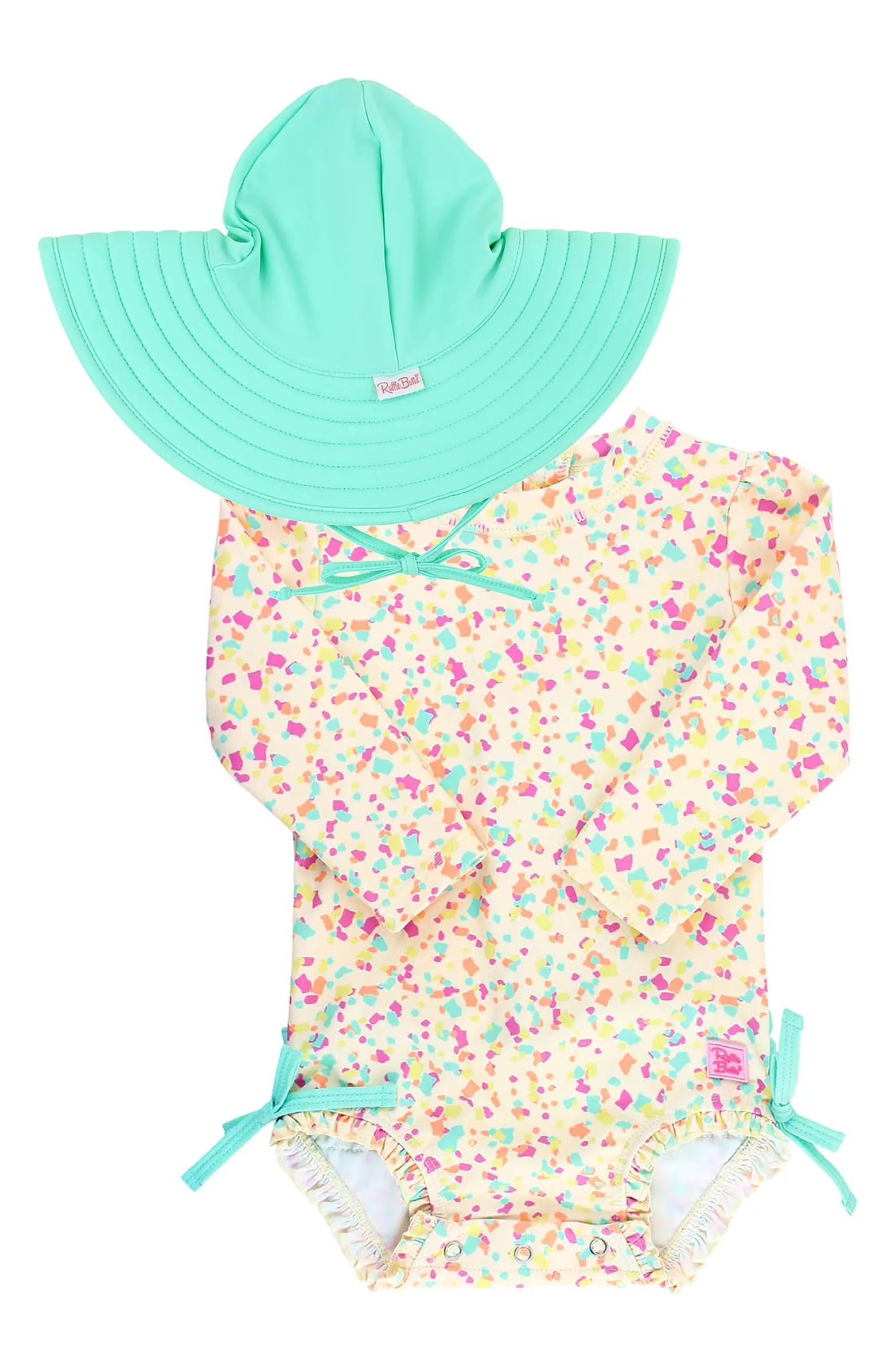RuffleButts Confetti Beach One-Piece Rashguard Swimsuit & Hat Set | Nordstrom | Nordstrom