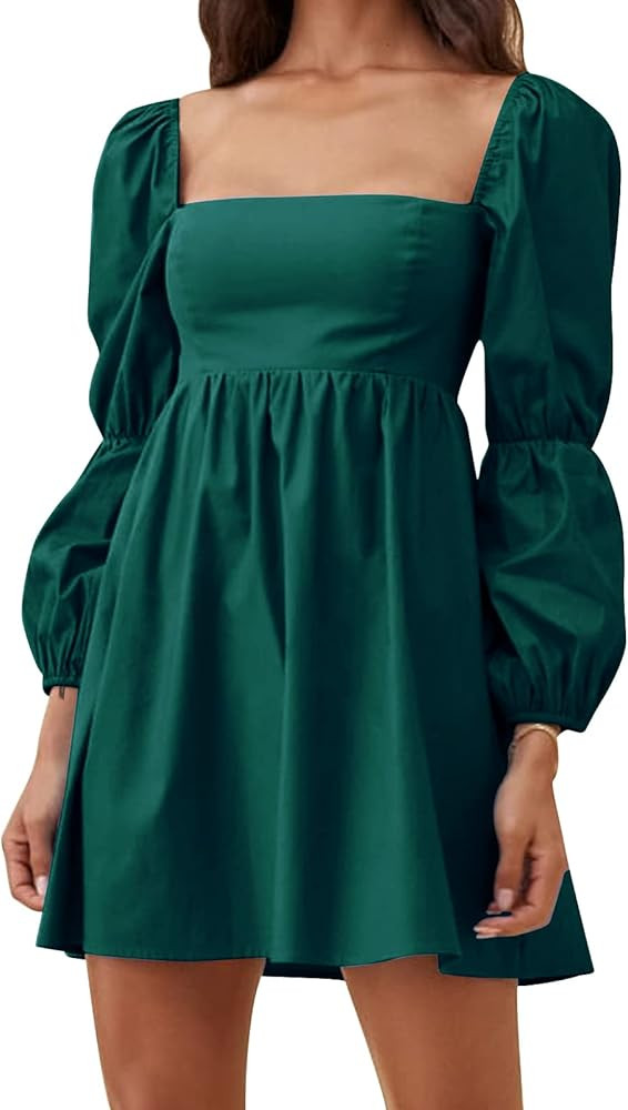 EXLURA Womens Square Neck Dress Long Puff Sleeve A-Line Casual Short Mini Dress | Amazon (US)