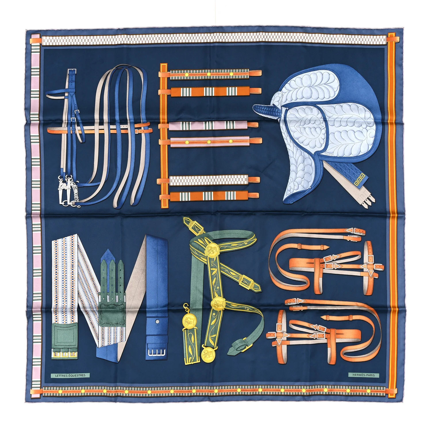 Hermes Silk Lettres Equestre Scarf 90 Bleu Ardoise Vert 1878995 | FASHIONPHILE (US)