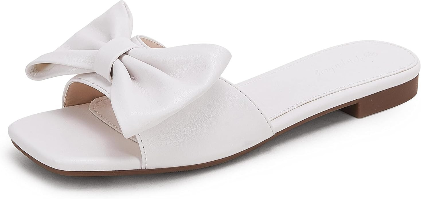 Womens Slip On Slide Sandals Bow-Knot Open Square Toe Flat Slippers Soft Casual Summer Dress Shoe... | Amazon (US)