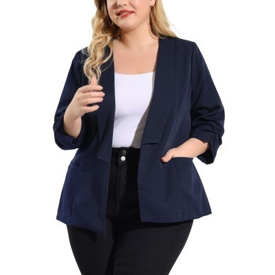Women's Plus Size Fashion Formal with 3/4 Pleated Sleeves and Shawl Collar Blazers - Agnes Orinda Dark Blue 3X | Target
