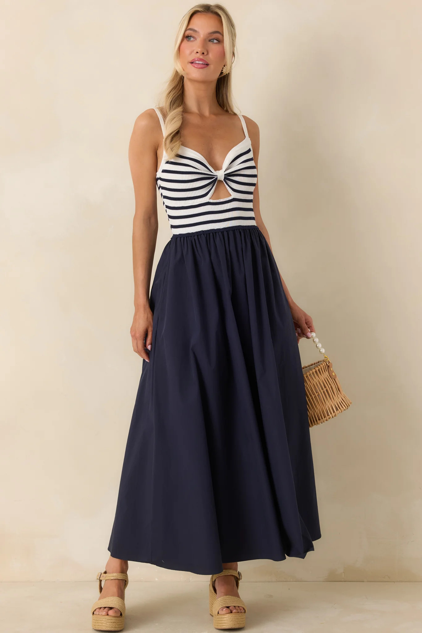 Exactly Like This Navy Stripe Ribbed Knit Cutout Cotton Maxi Dress | Red Dress