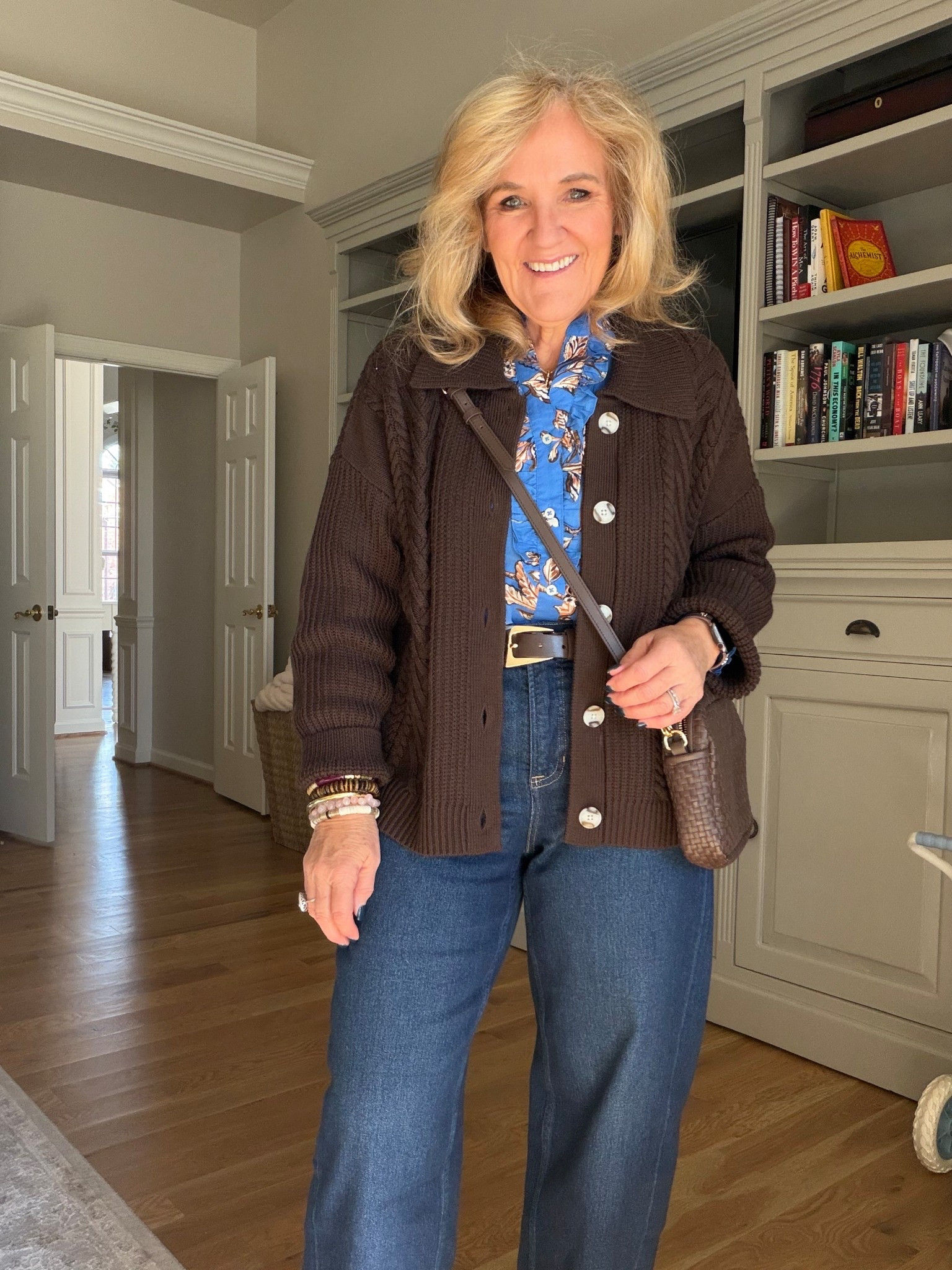 @spanx barrel jeans size medium petite 
Blouse I’ll link similar 
Sweater sized down to a small 
Boots size up 1/2 
Bag is restocked! 
Allie & Bess 25% off code NANETTE25


#LTKOver40 #LTKPetite #LTKootd
