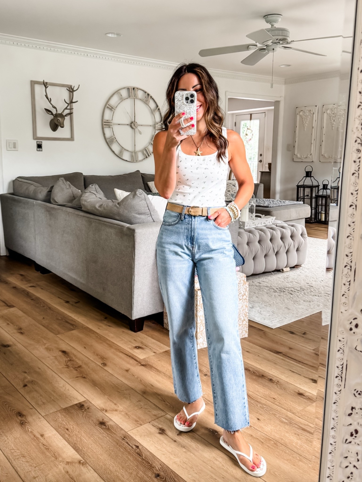 Straight leg jeans, 25 short. Small tank top. Quince jeans.

#LTKOver40 #LTKPetite #LTKootd