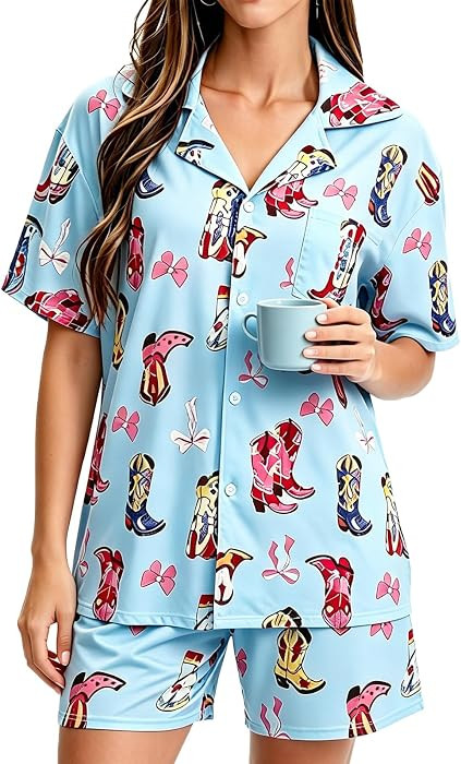 Women Western Pajama Set Cute Cowgirl Boots Pajama Satin Short-Sleeve Pjs | Amazon (US)