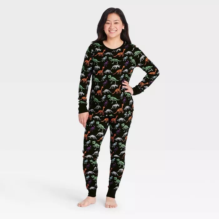 Women's Halloween Dino Skeleton Print Matching Family Pajama Set - Black | Target
