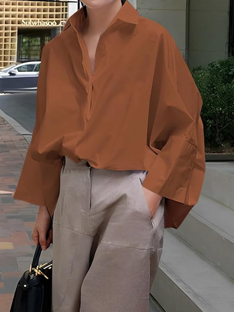 UOOZEE Womens Cotton Button Down Shirt Casual 3/4 Sleeve Loose Fit Collared Work Blouse Tops | Amazon (US)