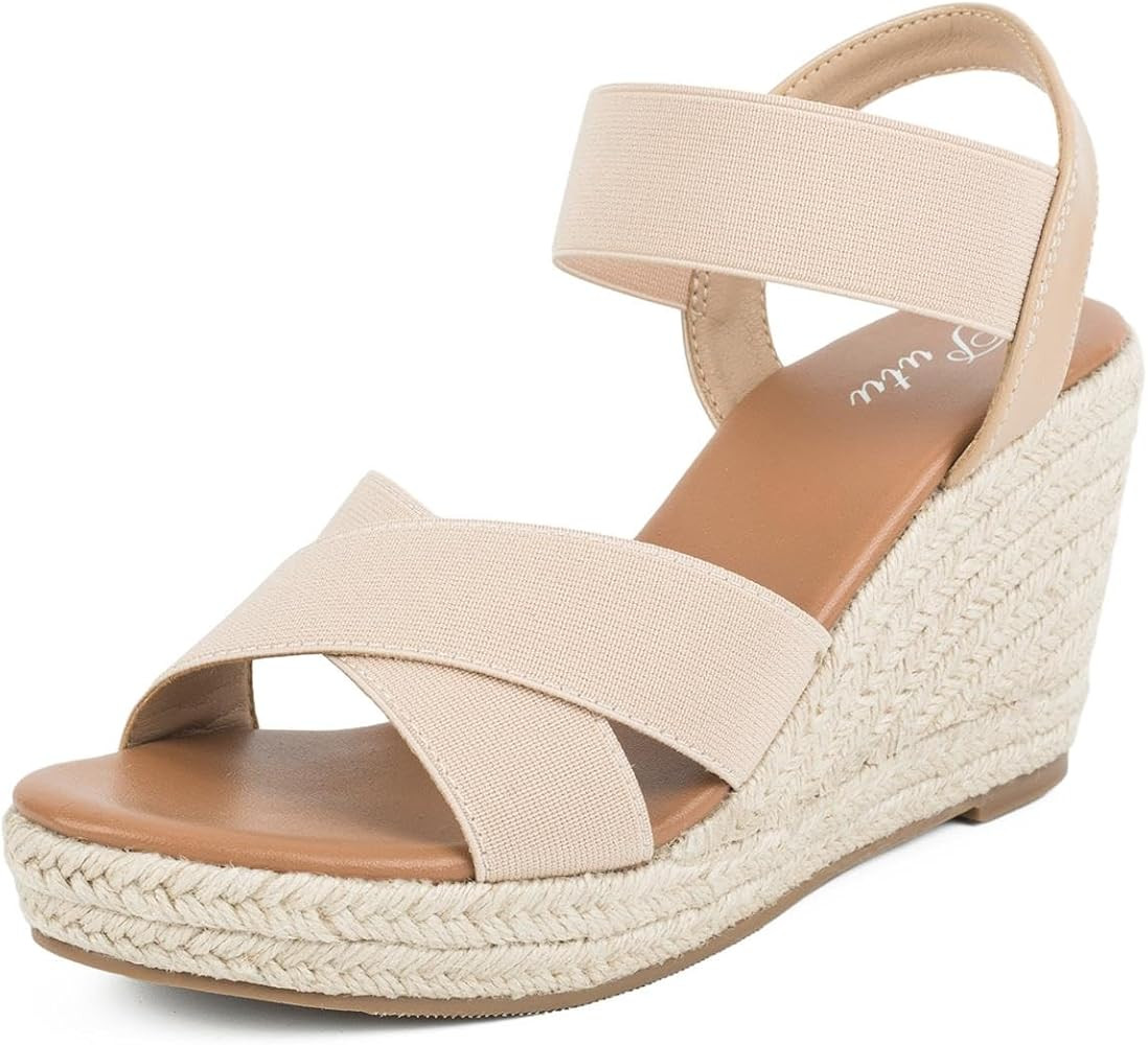 Putu Women's Espadrilles Wedge Sandals Elastic Ankle Strap Platform Sandals Open Toe Criss-cross ... | Amazon (US)