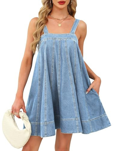 Denim Dress for Women Tie Shoulder with Straps Sleeveless Ruffle Hem Summer Casual mini Jean Dress with Pockets Light Blue | Amazon (US)