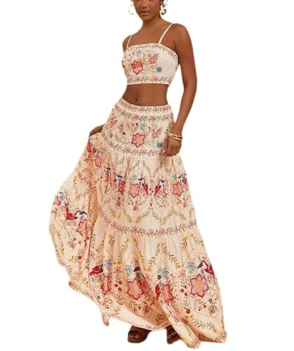 ksotutm Skirt Set Floral Halter Crop Tops and Maxi Skirt Summer Two Piece Sets for Women Going Out Outfits | Amazon (US)