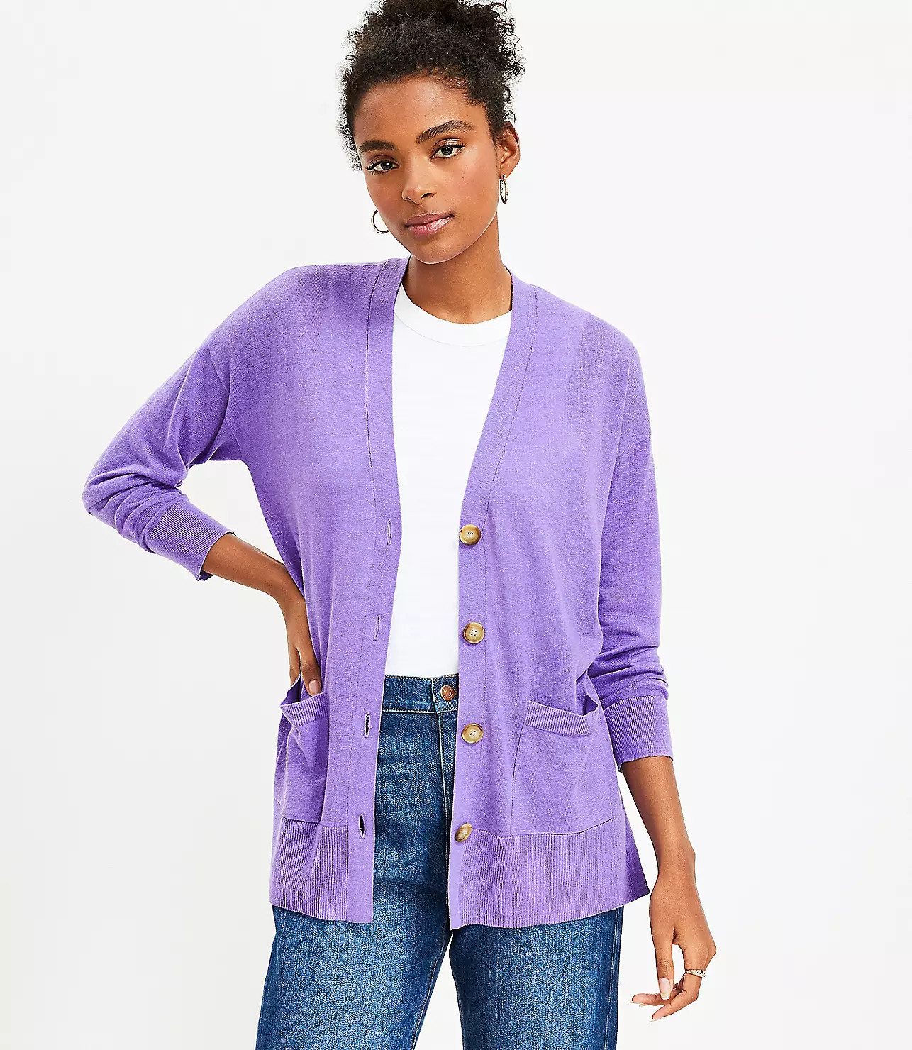 Ribbed Relaxed V-Neck Pocket Cardigan | LOFT
