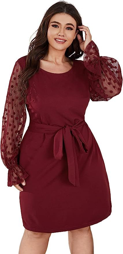 SheIn Women's Plus Elegant Mesh Contrast Appliques Sleeve Stretchy Bodycon Pencil Dress | Amazon (US)