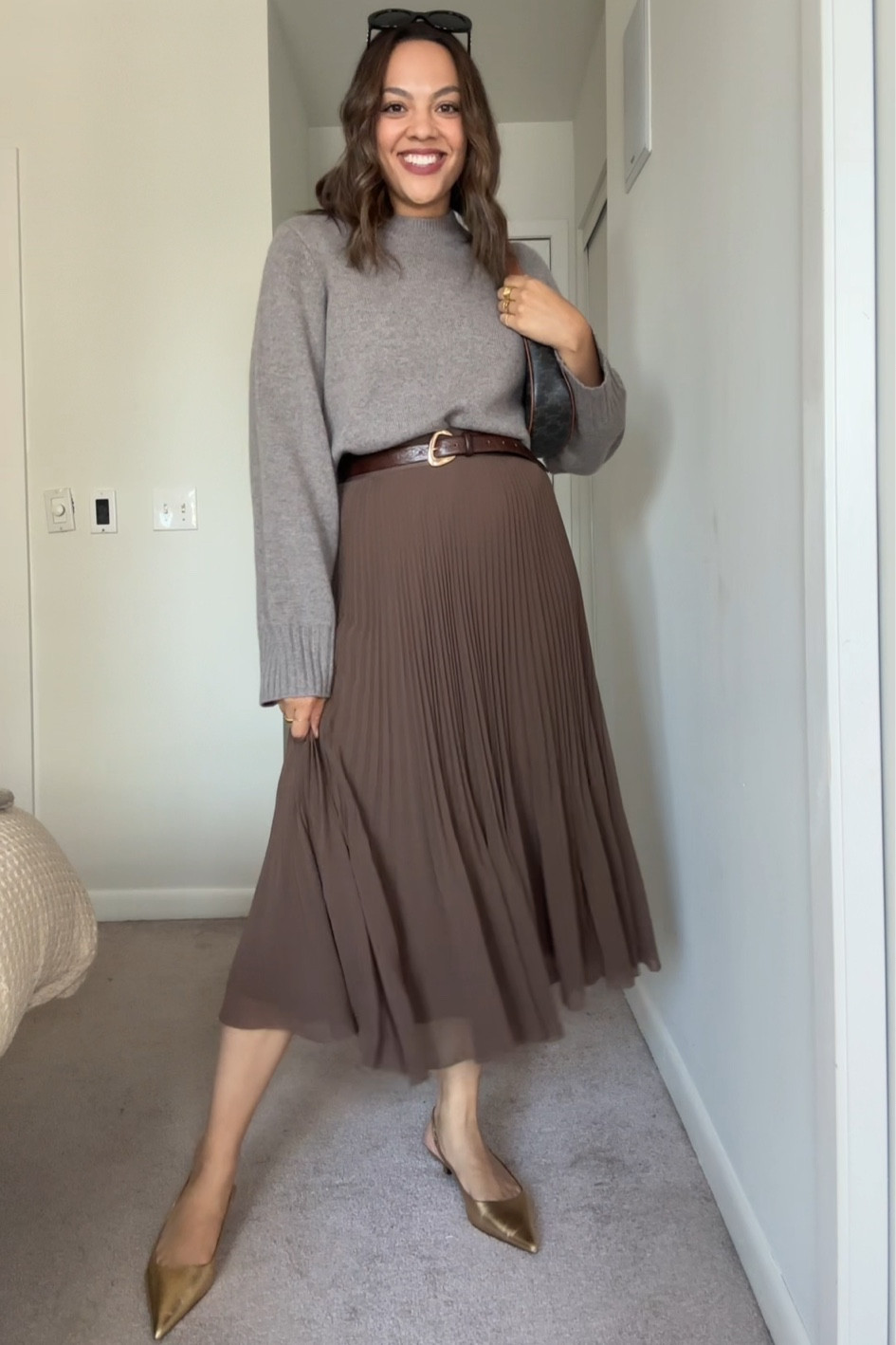Fall outfit idea with a Crewneck sweater!

-Aritzia pleated midi skirt in brown. I have a medium. Similar colour options linked. 
-Reformation taupe crewneck wool sweater, I have a large. 
-Gold slingbacks, similar options linked. 
-Celine Triomphe sunglasses. 
-Brown belt. 


#LTKautumn #LTKstyletip #LTKcanada