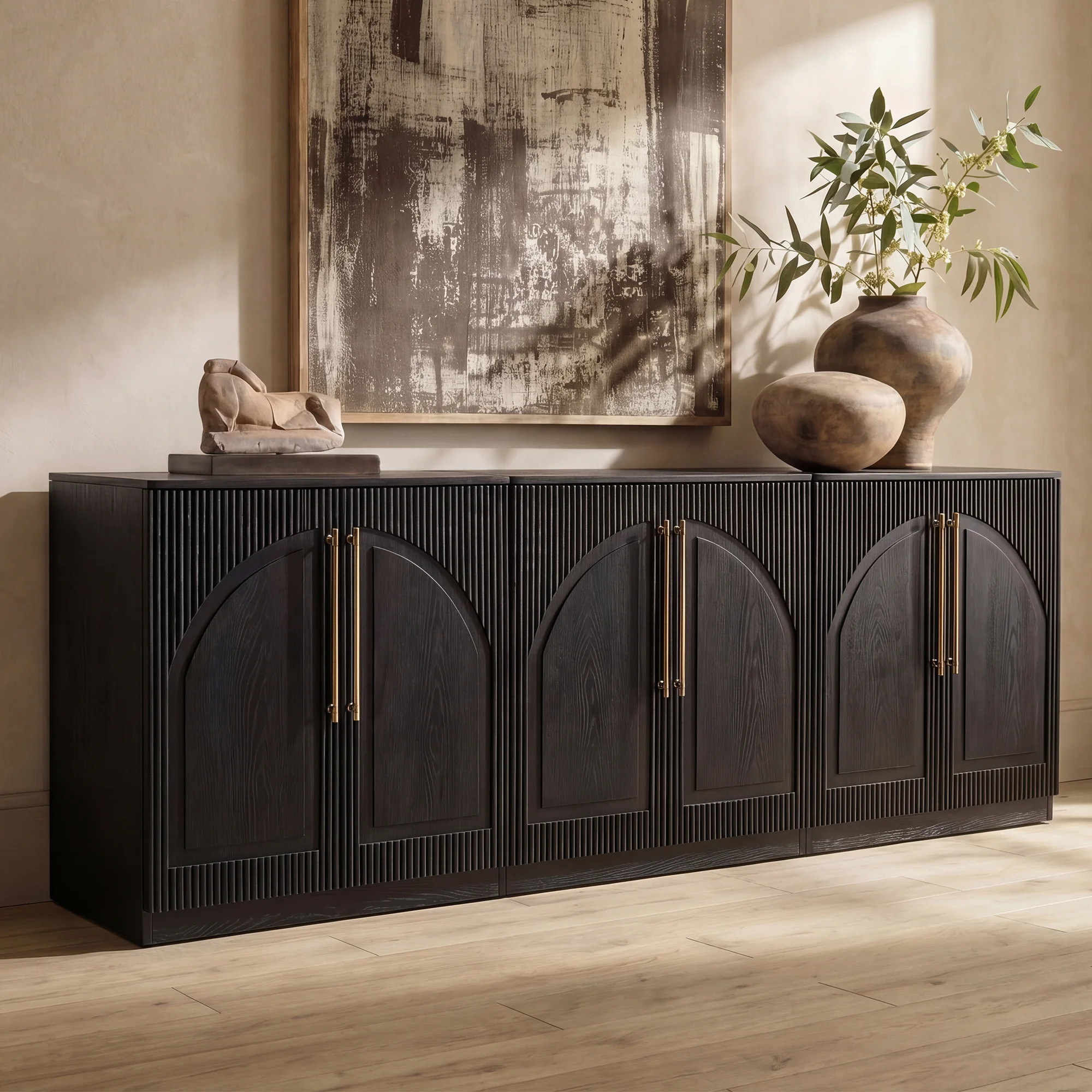 93" Modern Arched Fluted Cabinet – Sideboard & Media Console, Wave Panel Doors, Brass Knurled Handles, Ash Veneer – Living & Dining Room | Wayfair North America