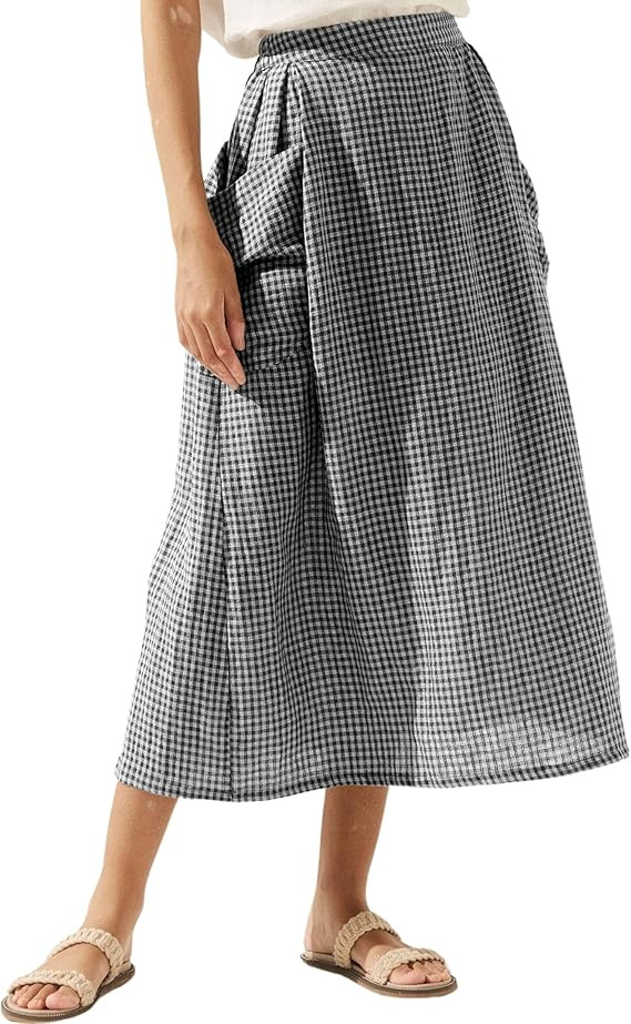 MISSACTIVER Plaid Skirts for Women Elastic Waist Midi Skirt with Pockets Vintage Flowy Gingham Lo... | Amazon (US)