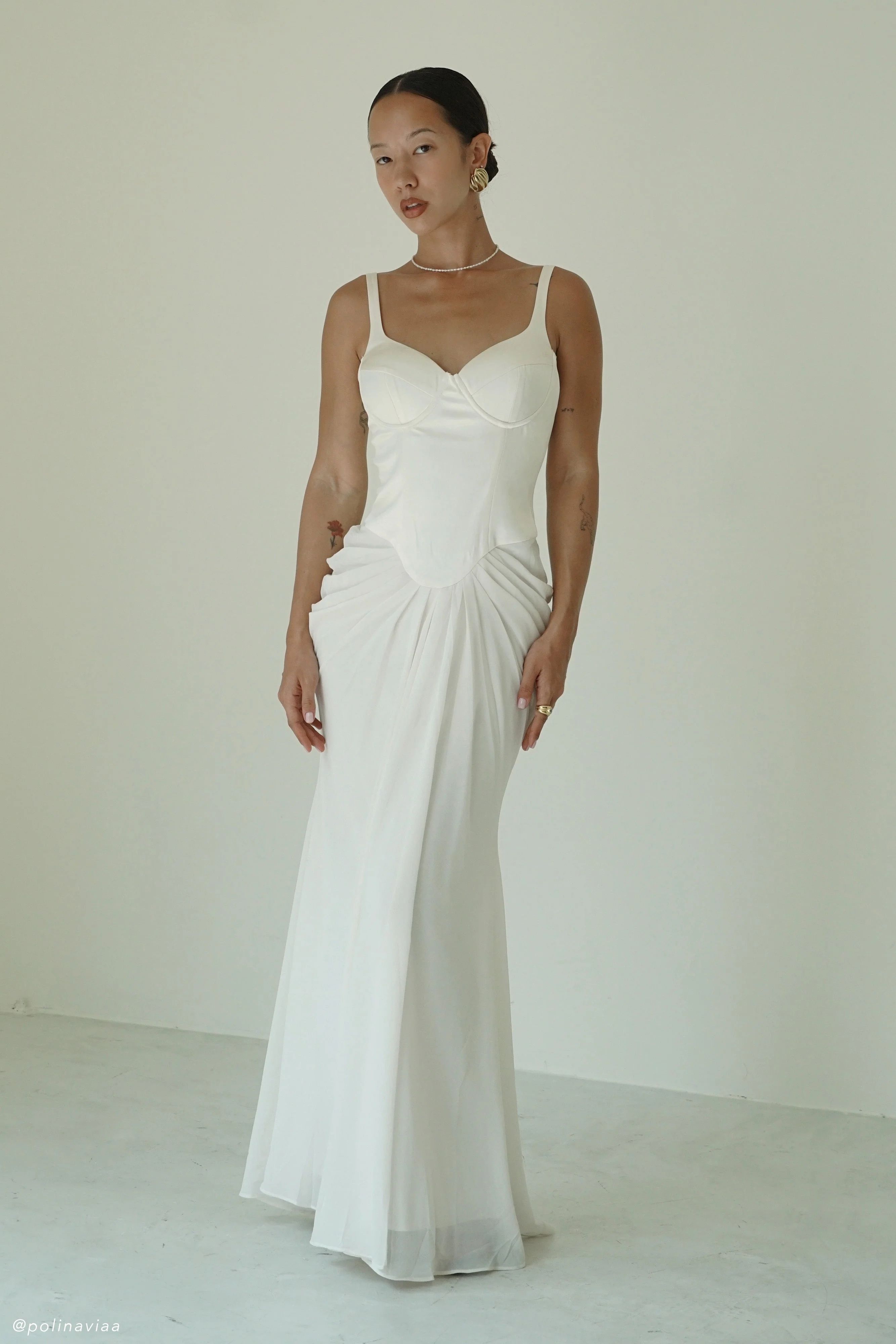 Leila Satin Corset Maxi Dress - Ivory | MESHKI US