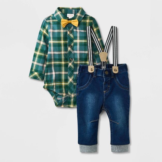 Baby Boys' Plaid Poplin Suspender Set with Bowtie - Cat & Jack™ Forest Green | Target