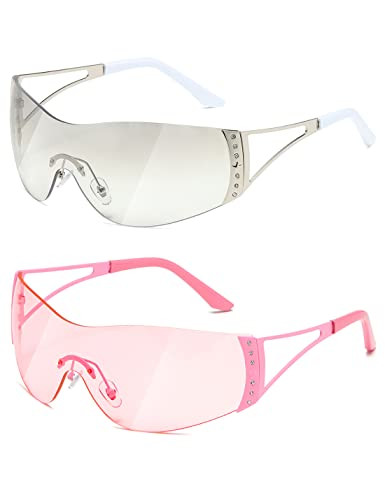 TIANYESY Y2K Sunglasses For Women Men Fashion Shield Rimless Wrap Around Sunglass Gradient Lens Trendy Oversize Sun Glasses (Silver+Pink) | Amazon (US)